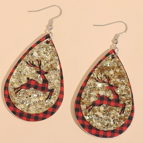 Plaid Sparkle Reindeer Earrings - Picture 2 of 4